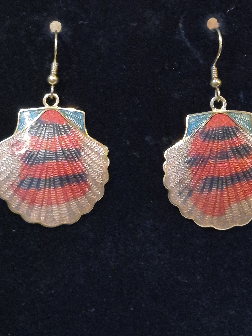 Vintage Cloisonne Enamel Scallop Shell Dangle Earrings